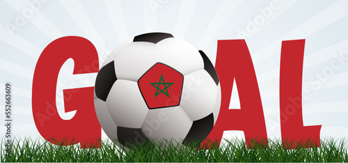 Football with the flag of Morocco on green soccer grass field. Vector background banner. Sport finale or school, sports game cup. Summer, spring time, Street ball games. wk, ek competition 2022, 2023