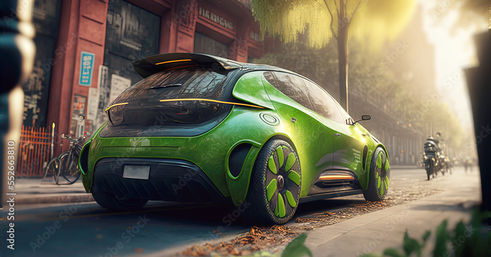 Green electric city car powered by green energy on city street at ...