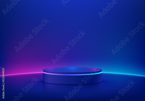 Abstract dark blue cylinder pedestal podium. Sci-fi abstract room concept with glowing neon curve lighting line. Vector rendering 3d background, Mockup product display. Futuristic minimal wall scene.