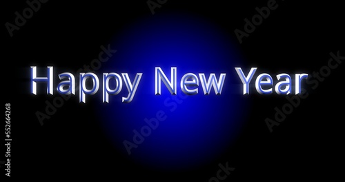 Happpy new year on the blue circle with black backgrounds.