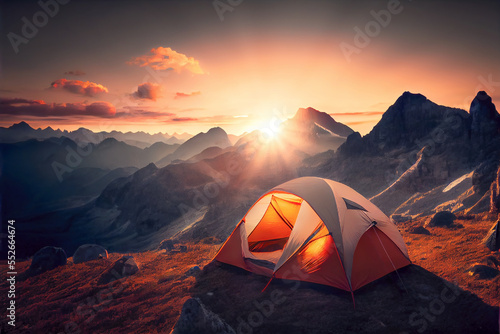 Fotografiet Tourist tent camping in mountains at sunset