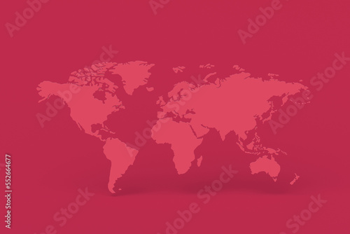 World map of magenta on red background. Color of the year 2023. 3d render