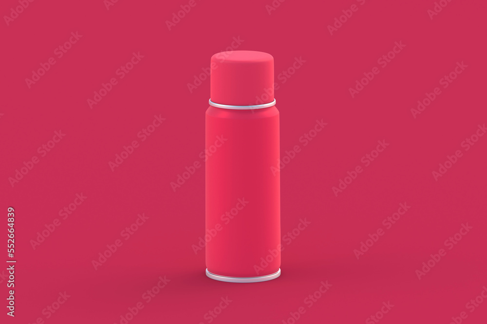 Can of spray paint of magenta on red background. Color of the year 2023. 3d render Can of spray paint of magenta on red background. Color of the year 2023. 3d render