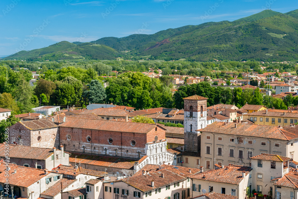 Panoramic aerial view of Lucca, in Tuscany, with the church Santa Maria Forisportam