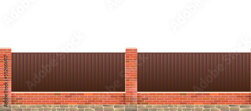Iron fence with plastered brick pillars and stone foundation. Horizontal seamless design. Isolated on white background Vector.