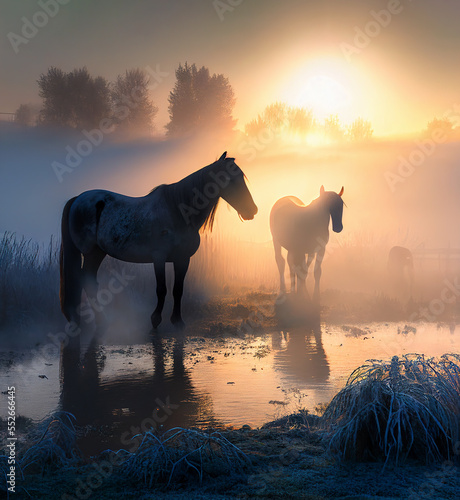 horses with fog at sunset