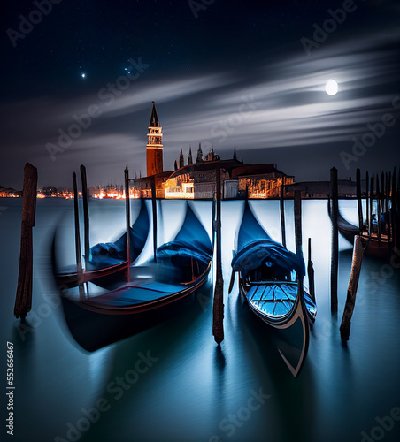 gondolas in venice in italy at night with long exposure