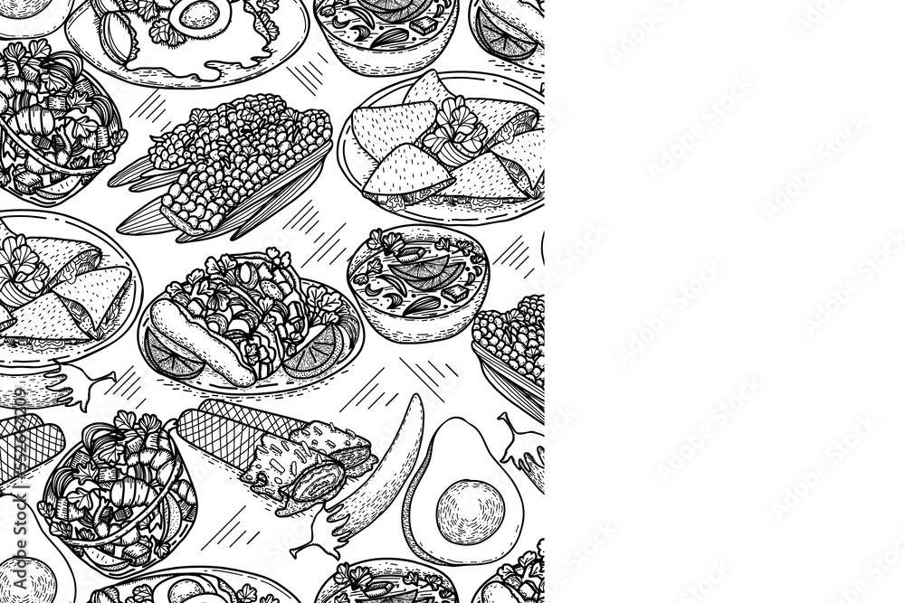 Vector food menu template, Latin american cuisine. Hand drawn black and white vintage sketchs of Mexican food.