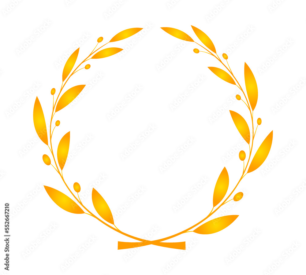 Golden laurel wreath isolated on white background.Icon of a circular wreath of laurel leaves and berries in a flat style.Award for the winner of the competition. A symbol of glory and peace. Antiquity