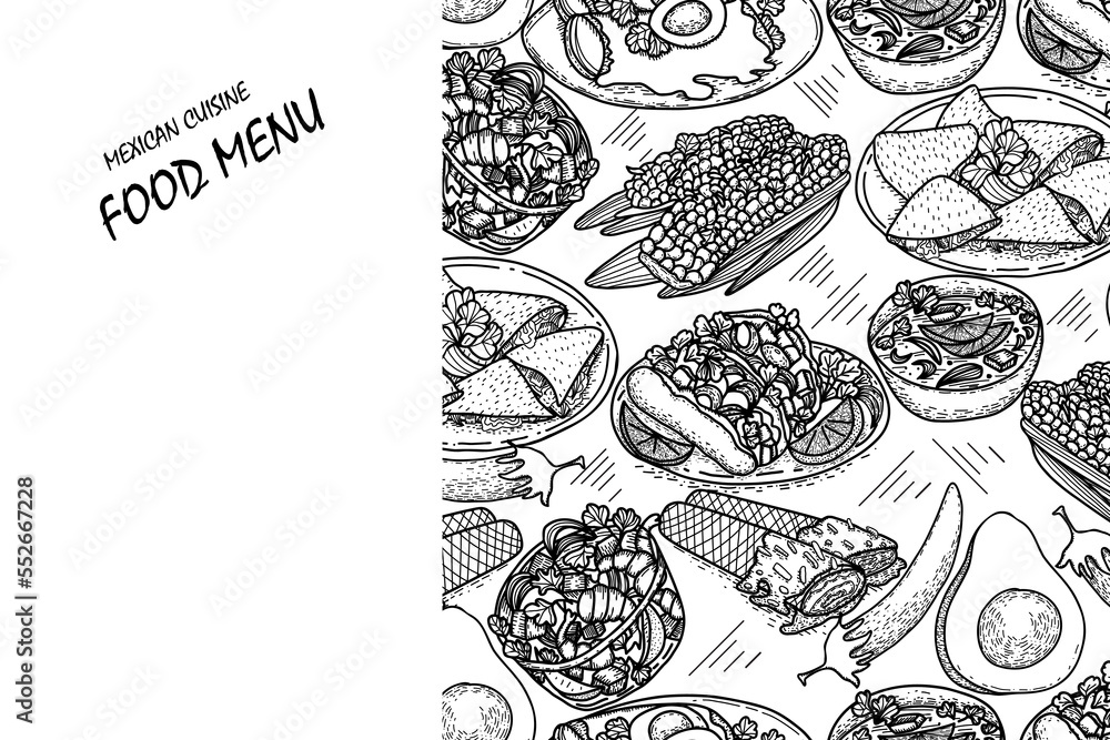 Vector food menu template, Latin american cuisine. Hand drawn black and white vintage sketchs of Mexican food.