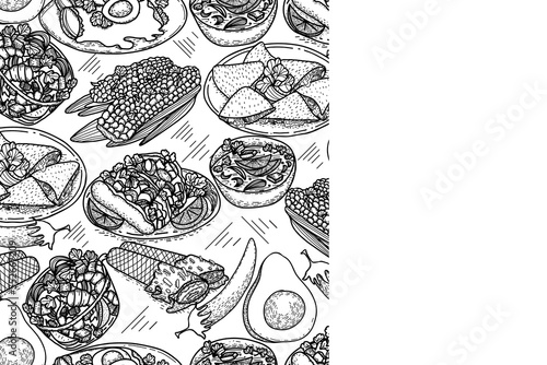 Vector food menu template, Latin american cuisine. Hand drawn black and white vintage sketchs of Mexican food.