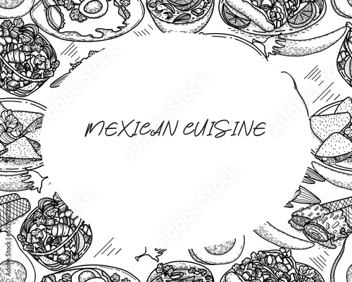 Vector food menu template, Latin american cuisine. Hand drawn black and white vintage sketchs of Mexican food.