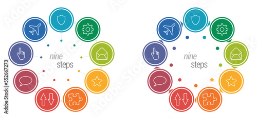Nine circles each different color, connected with triangle arrows forming one larger circle - multiple steps process infographics