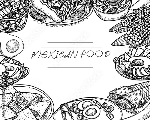 Vector food menu template, Latin american cuisine. Hand drawn black and white vintage sketchs of Mexican food.