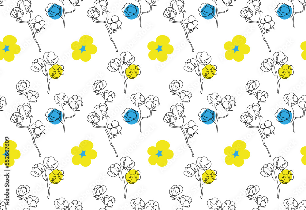 Ukrainian cotton blossom flowers vector pattern, endless texture. Cotton flowers on white background with blue and yellow ua colors