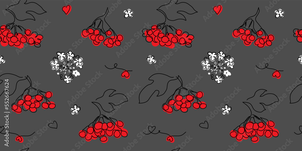 Red viburnum seamless vector pattern. Berries and bloom. Ukrainian