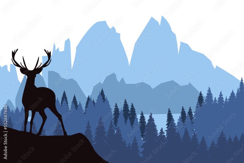 Deer with antlers posing on the top of the hill with mountains and the forest in the background. Deer with antlers posing on the top of the hill with mountains and the forest in the background.