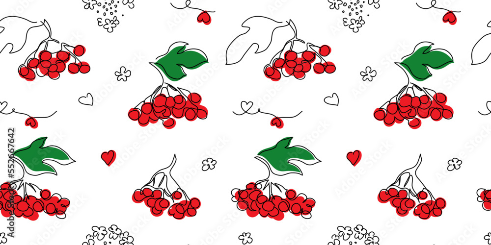 Red viburnum seamless vector pattern. Ukrainian berry from song. One
