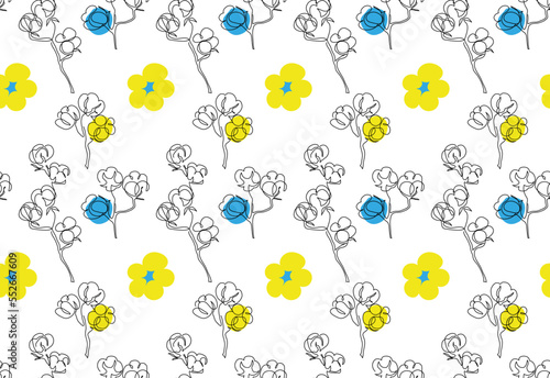 Ukrainian cotton blossom flowers vector pattern, endless texture. Cotton flowers on white background with blue and yellow ua colors