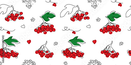 Red viburnum seamless vector pattern. Ukrainian berry from song. One continuous line art drawing of red viburnum