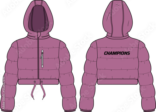 Womens Quilted Puffer Hooded jacket design flat sketch Illustration, Down puffa Padded Hoodie jacket with front and back view, Soft shell winter jacket for girls and ladies for outerwear in winter.