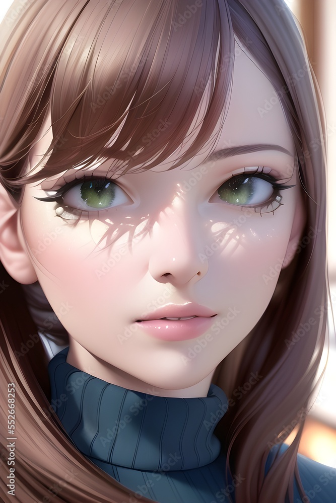 Beautiful woman portrait in front of winter christmas tree in anime style digital painting illustration Beautiful woman portrait in front of winter christmas tree in anime style digital painting illustration