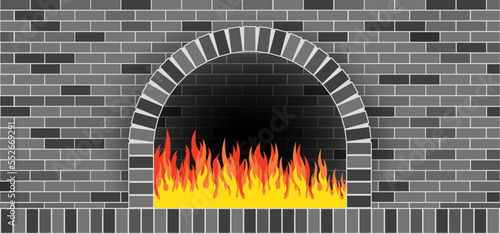 Stone brick pizzeria pizza oven. Firewood hot fired oven. Fire bakery, baker bread food.  Vector pizza cooker maker. Wood, wooden or stone kitchen for baked dough. Firebrick, fireplace BBQ or grill.