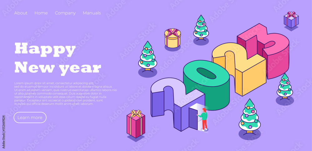 Fototapeta premium Happy New Year 2023 landing page. Christmas tree in cute minimalistic style with man. Creative concept for banner, flyer, cover, social media, design web page. Vector illustration concept