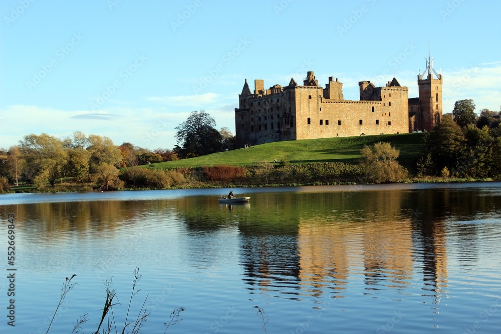 Linlithgow Loch, with Linlithgow Palace and St Michael's Church in the background.