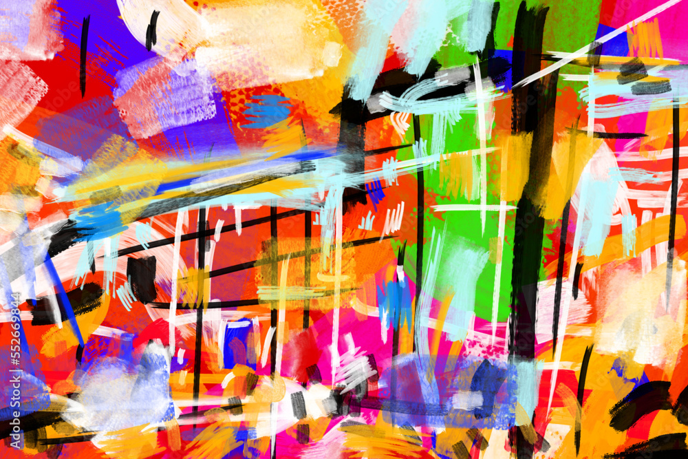 Obraz premium Abstract collage of modern art city in modern style full of celebrations and fireworks in the sky. Illuminated building and square.