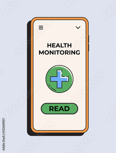 Health app. Monitoring health in your phone. Online tele medicine flat concept. Medical consultation. Vector illustration
