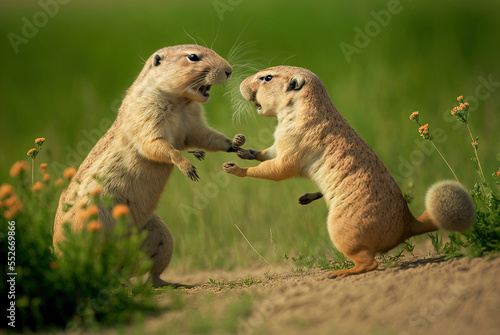 Prairie dogs romping and squabbling in the weeds. Generative AI