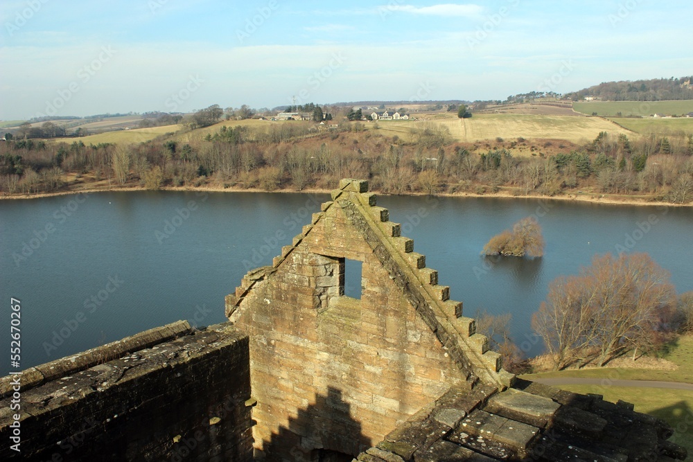 Linlithgow Palace, with Linlithgow Loch in the background.