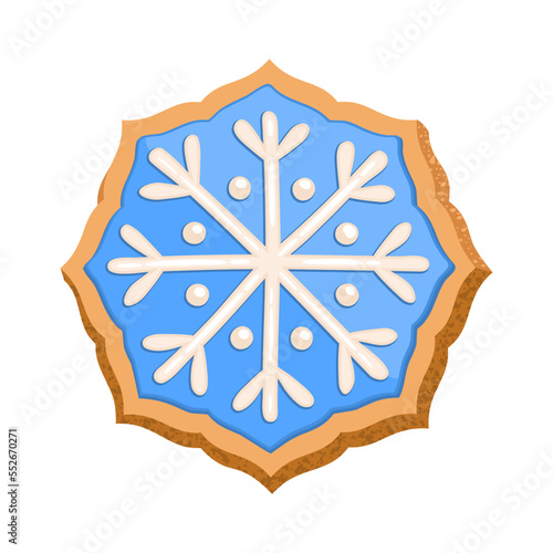 Snowflake sugar cookie gingerbread glazed with blue icing. Chrisrmas home cooking snow shape bisquit decorated with glaze. Snowflake shape handmade bakery. Sweet Xmas snack cartoon vector art.