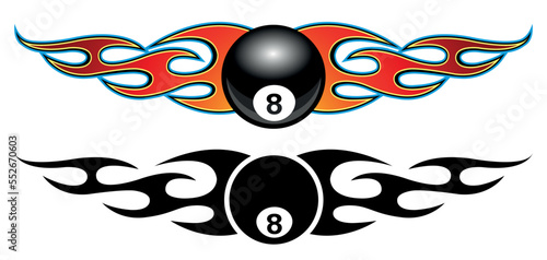 Set of 8 ball and fire flame vector illustrations. Burning 8 ball billiard graphic car sticker and logo template.