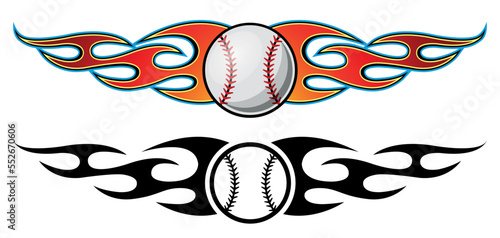 Set of baseball ball and fire flame vector illustrations. Burning baseball ball graphic car sticker and logo template.