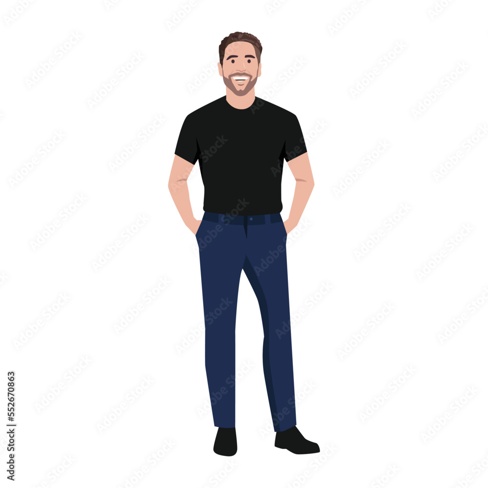 Bearded Man in with Muscular Body in Standing Pose with both his hands inside pocket. Full Length Vector Illustration Bearded Man in with Muscular Body in Standing Pose with both his hands inside pocket. Full Length Vector Illustration