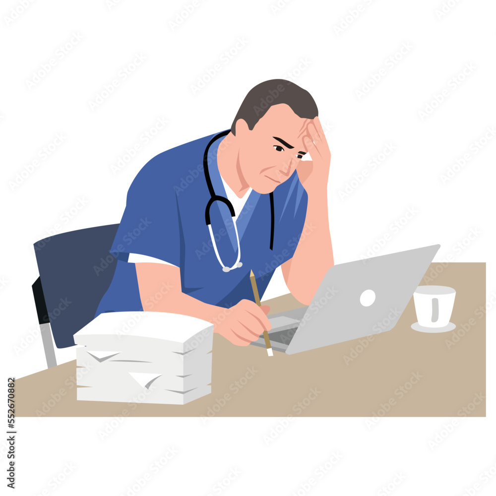 Working during COVID-19 epidemic concept. Portrait of stressed man doctor cartoon character wearing working uniform feeling stressed with laptop and paper in front of him Working during COVID-19 epidemic concept. Portrait of stressed man doctor cartoon character wearing working uniform feeling stressed with laptop and paper in front of him