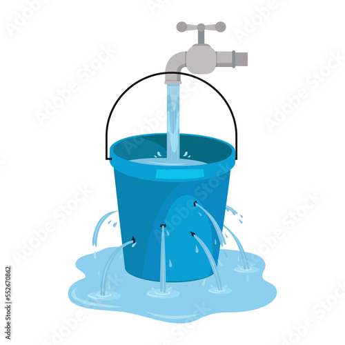Water waste from running tap. Wastage of water theme for save water. Spread water on floor from hole bucket.