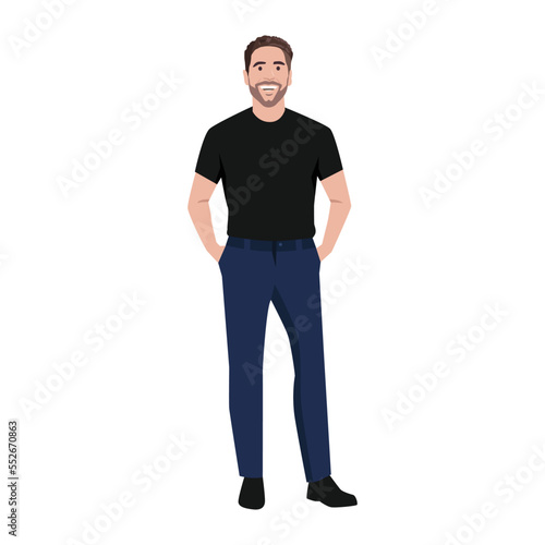 Bearded Man in with Muscular Body in Standing Pose with both his hands inside pocket. Full Length Vector Illustration