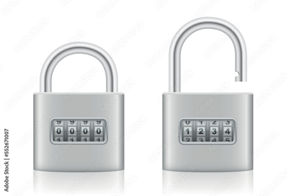 Combination lock with sequence of numbers, locked and unlocked iron