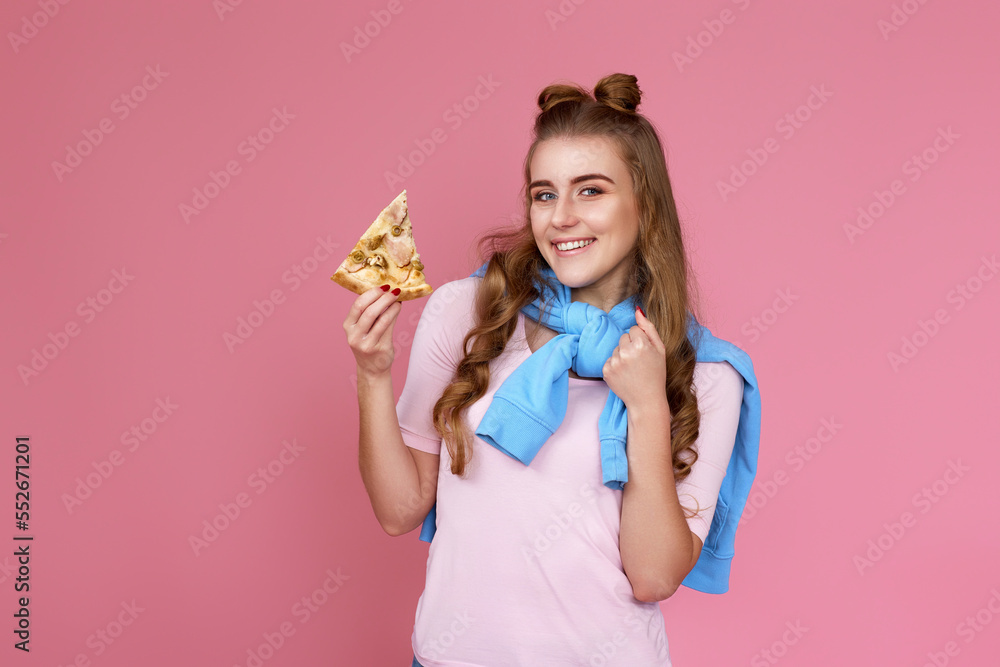 Excited woman eating with satisfation pizza slice Excited woman eating with satisfation pizza slice