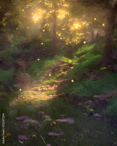Generative AI illustration of a fairy like woodland with sun shining through the trees and mist with golden fireflies.