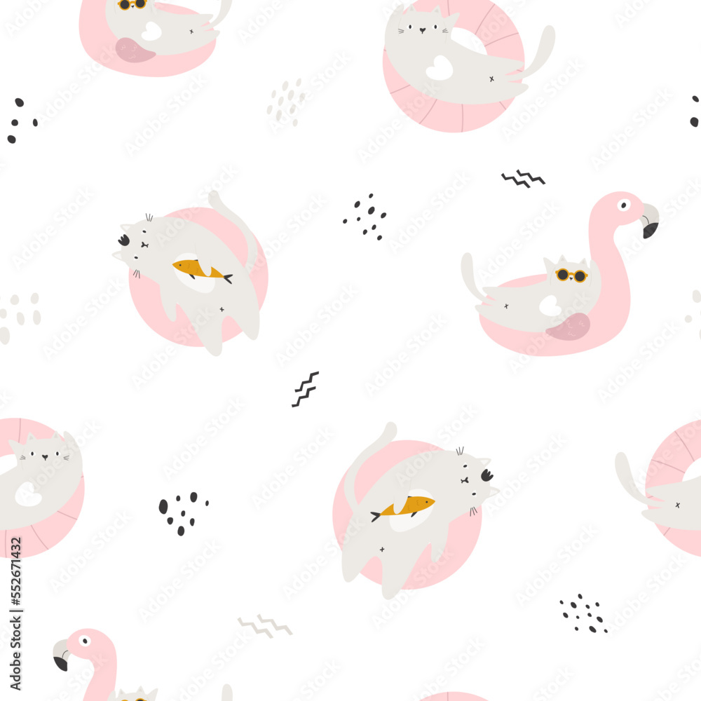 Seamless pattern with funny cats swimming in floating rings. pink flamingo Seamless pattern with funny cats swimming in floating rings. pink flamingo