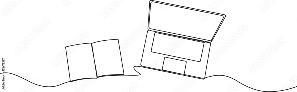 continuous single line drawing of laptop computer and book or journal, vector illustration continuous single line drawing of laptop computer and book or journal, vector illustration