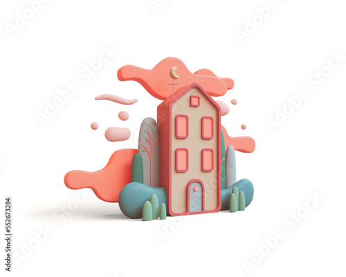 Cute green kawaii magic cozy modern urban Eco House, blue door, bushes, tall trees, red clouds, bubbles float in air. Autumn mood in fall season. 3d render isolated on white backdrop in pastel colors.