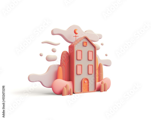 Cute green kawaii magic cozy modern urban Eco House orange door, pink bushes, tall trees, clouds bubbles float in air. Autumn mood in fall season. 3d render isolated on white backdrop in pastel colors