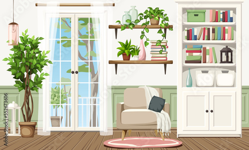 Beautiful room interior design with French doors, a white bookcase, an armchair, and a big ficus tree. Cartoon vector illustration