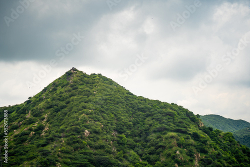 Aravalli range in jaipur rajasthan with small hills mountains covered in green trees under monsoon clouds