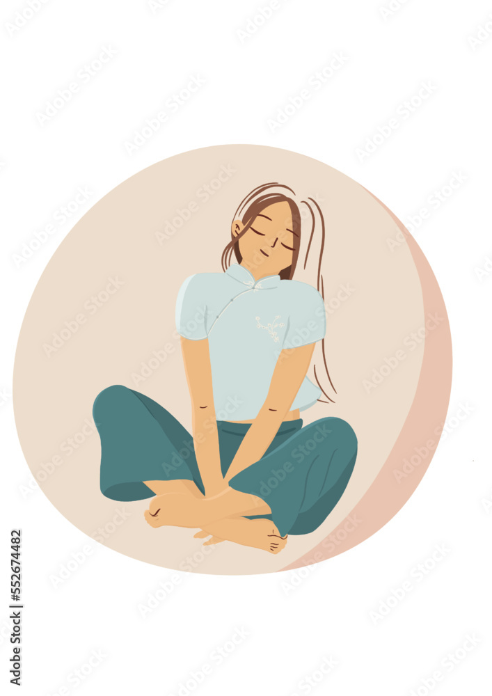 Meditation or yoga with woman sitting in lotus pose with crossed legs. smiling girl meditating in colorful yoga pants. Inner balance and healthy lifestyle.